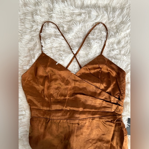 Lulu’s Bronze Satin Surplice Faux-Wrap Dress Size M. NWT. - Picture 5 of 8